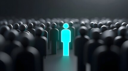 Obraz premium A bright illuminated cyan human silhouette stands apart from a large dark and blurred group representing uniqueness leadership and standing out from the masses in a conceptual illust n
