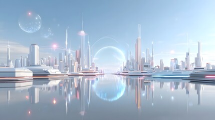 Obraz premium Serene futuristic metropolis with gleaming skyscrapers and advanced architecture mirrored in a tranquil waterway under a clear sky with luminous spheres