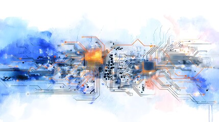 Futuristic digital network illustration blending blue orange hues evokes innovative tech connectivity