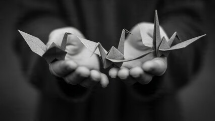 Hands releasing origami paper birds of hope minimalist style indoor environment concept of letting go