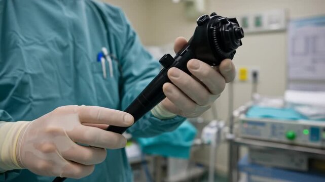 An individual in green medical garb, wearing gloves, holds a black endoscopic instrument in an operating room setting