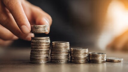 Careful hands stacking coins into a tower home office financial image calm environment close-up view saving concept