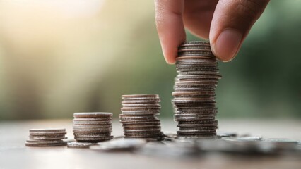 Careful hands stacking coins into tower home financial savings visuals indoor close-up symbol of saving