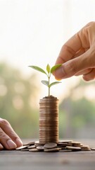 Carefully stacking coins to build a small tower of savings nature background financial growth concept