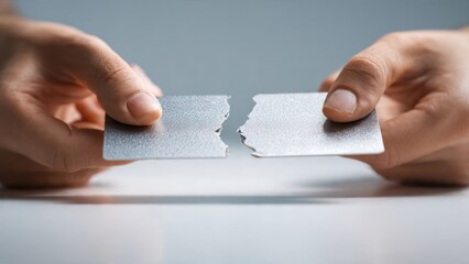 Breaking free from debt hands tearing a credit card in half financial freedom concept modern office environment