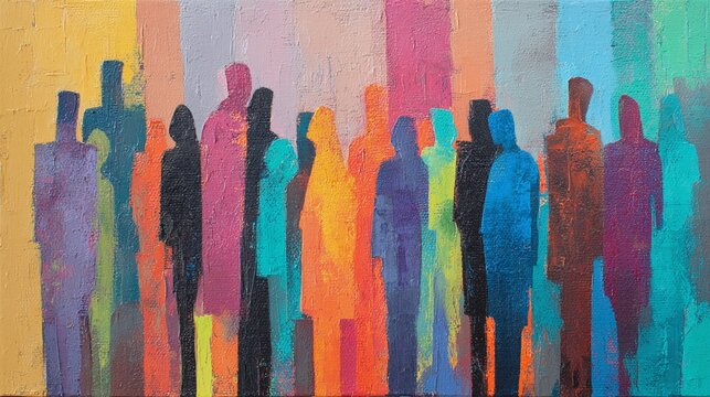 Abstract painting of a group of people standing together in various colors. The vibrant colors and brushstrokes create a sense of energy. Artwork evokes community spirit.