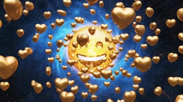 Energetic radial burst of glowing golden metallic hearts exploding outward from a brightly illuminated abstract smiling emoji face on a dynamic deep blue background celebratory, technology, power