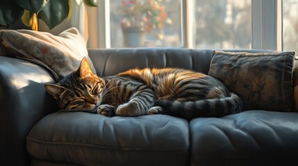 Sleeping Tabby Cat on Sofa Bathed in Warm Sunlight from Window