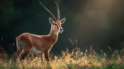 Naklejka premium Majestic antelope stands poised in golden field, its impressive horns reaching skyward, illuminated by a soft, natural light. Wildlife at its finest in nature.