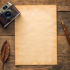Vintage camera and paper texture rustic workspace high-resolution background warm retro feel empty space for text overlay