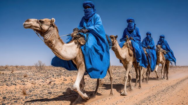 Caravan of the Desert: A caravan of traditionally attired travelers traverse the sandy expanse, atop majestic camels against the azure sky, evoking the timeless allure of the Sahara desert.