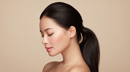 A serene portrait captures a woman in profile against a neutral backdrop. She has smooth skin, dark hair pulled back in a ponytail, and her eyes are gently closed.