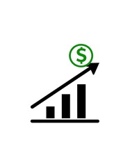 Financial graphic showing upward trending arrow over a bar graph with dollar sign, representing profit, gains, and improvement