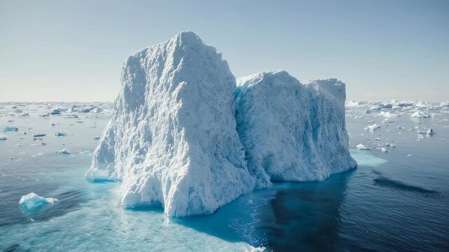 A striking iceberg floats serenely in clear arctic waters, showcasing intricate ice formations under a clear blue sky. the scene highlights both the beauty and fragility of polar landscapes in light o