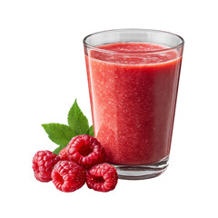 Raspberry smoothie in a clear glass cup alongside several fresh raspberries and a green leaf isolated die-cut	