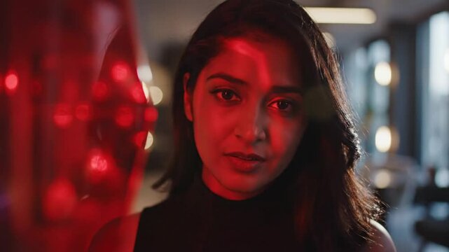 Focused woman with dark hair stares directly at the camera with dramatic red lighting in an office setting