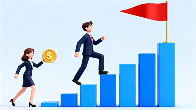 A man and woman in business suits climb a blue histogram staircase. He plants a red flag at the top, she holds a gold dollar coin. Concept of achieving financial targets and success.