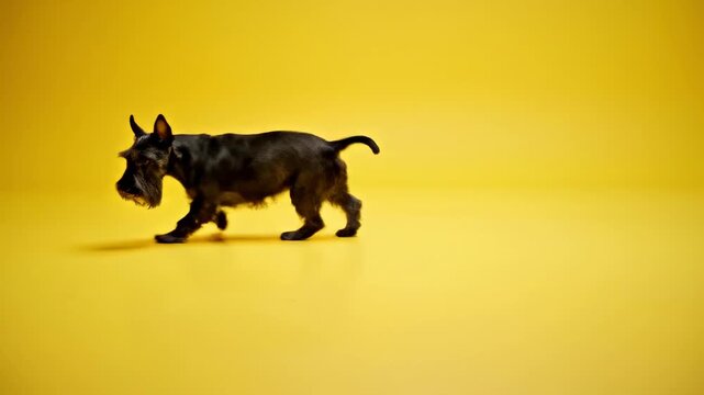 Energetic wide shot of a small terrier dog rapidly pacing and shifting weight displaying visible restlessness on a solid banana yellow floor high energy, studio setting, animal action