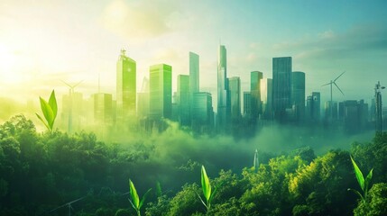 Eco-friendly city skyline with green buildings, wind turbines, and vibrant nature, symbolizing sustainable urban development and a cleaner future.