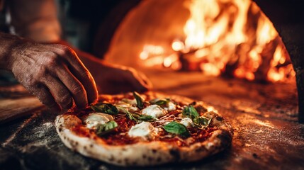 Artisan pizza creation: A chef meticulously tops a pizza with fresh basil, poised before the fiery depths of a traditional wood-fired oven, ready for baking.