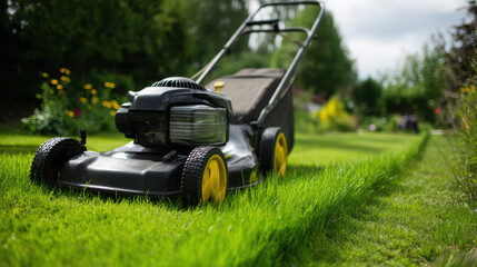 Fototapeta premium A black lawnmower with yellow wheels sits on a lush green lawn, neatly trimmed along the edge of a garden under a cloudy sky on a bright summer day.