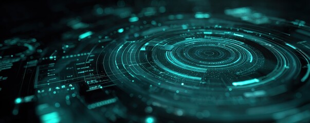 Abstract Futuristic Technology Background with Glowing Digital HUD Elements and Concentric Circles