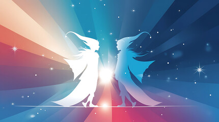 Two silhouetted figures facing each other with starry background