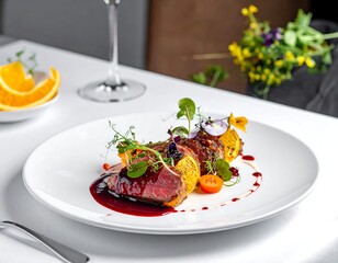 Fine dining presentation featuring a slice of cooked meat with sauce, orange slices, and microgreens. The plate sits on a white table