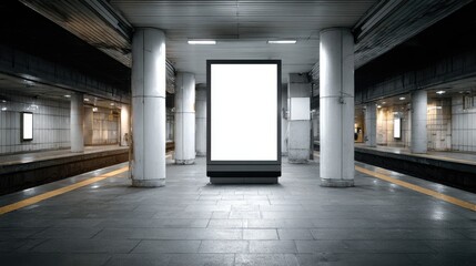 Blank billboard in an empty subway station with concrete columns and platform