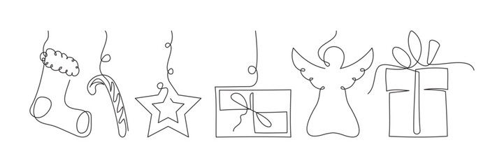 A single line drawing of a gingerbread cookie in the shape of a Christmas tree. Continuous line Christmas One line icon Set
