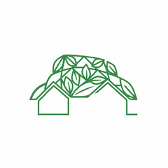 Green outline of a house with a roof made of leaves.