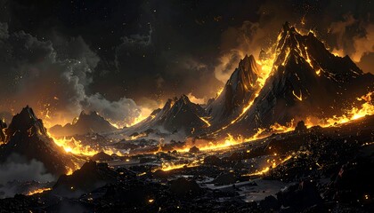 Epic digital art depicting fiery mountain range under a dark, dramatic sky. Lava glows against stone peaks, and the scene is filled with burning debris