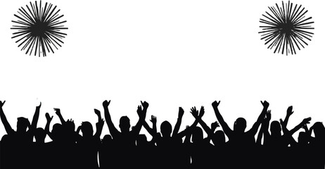 Silhouette of cheering crowd with fireworks