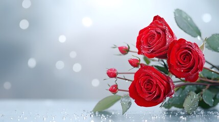 Romantic Red Roses with Dew Drops on Soft Bokeh Background