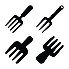 Gardening hand fork rake tools vector icon set for horticulture