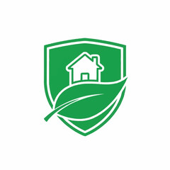 Green Shield with House and Leaf Symbolizing Eco-Friendly Home Protection.