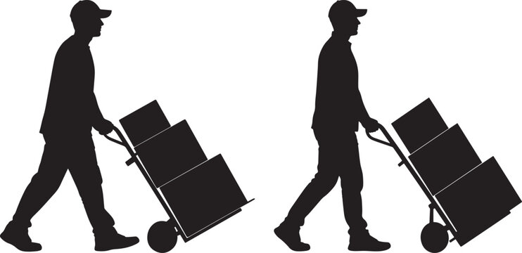 Two delivery men pushing hand trucks with boxes silhouette