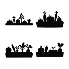 Fresh harvest vegetable garden silhouettes vector collection