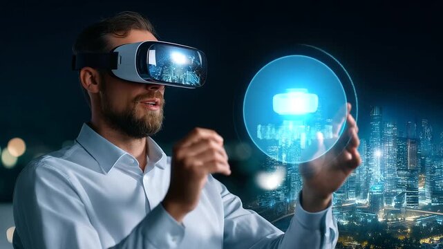 Businessperson wearing VR headset exploring immersive digital cityscape for urban planning, virtual reality architecture visualization tool, futuristic technology, with copy space