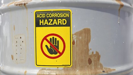 Acid Corrosion Hazard Warning Sign on a Stained Barrel