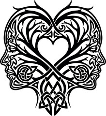 Fototapeta premium Intricate Tribal Heart Symbol Featuring Dual Faces in Symmetrical Silhouette Art