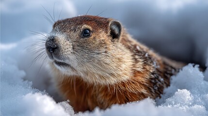 A groundhog emerges from the snow, its fur dusted with white. Its alert eyes and curious whiskers capture a moment of winter wonder, set against the stark white snow.