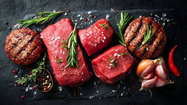 Raw and Grilled Beef with Spices on a Slate Board