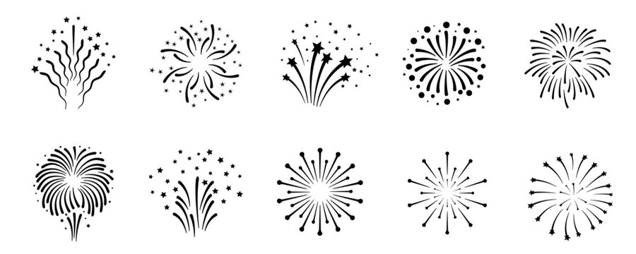 Fireworks explosion icon set, celebration and party elements