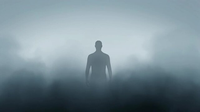 Mysterious Silhouette of a Man Standing Alone in Dense Fog