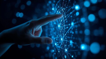 Touching digital network points in futuristic dark space