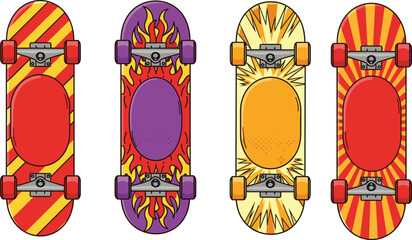 Colorful skateboard designs, flame burst patterns, red wheels, vibrant deck art, street style, youth culture, flat vector illustration ©  Creative World 