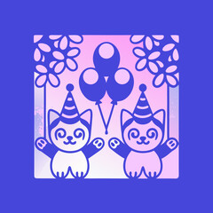Two cartoon cats wearing party hats with balloons kitten