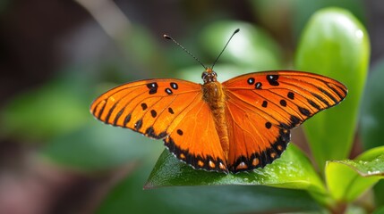 Obraz premium A close-up of an orange butterfly with black spots, resting on a green leaf in a tranquil garden setting.