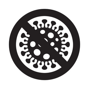 A black and white depiction of a virus symbol with a prohibition sign